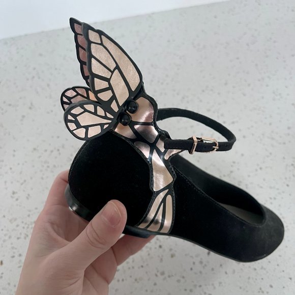 NWT Sophia Webster Black and Gold Butterfly Flats with ankle straps SZ 6.5 /37.5 - Picture 9 of 10